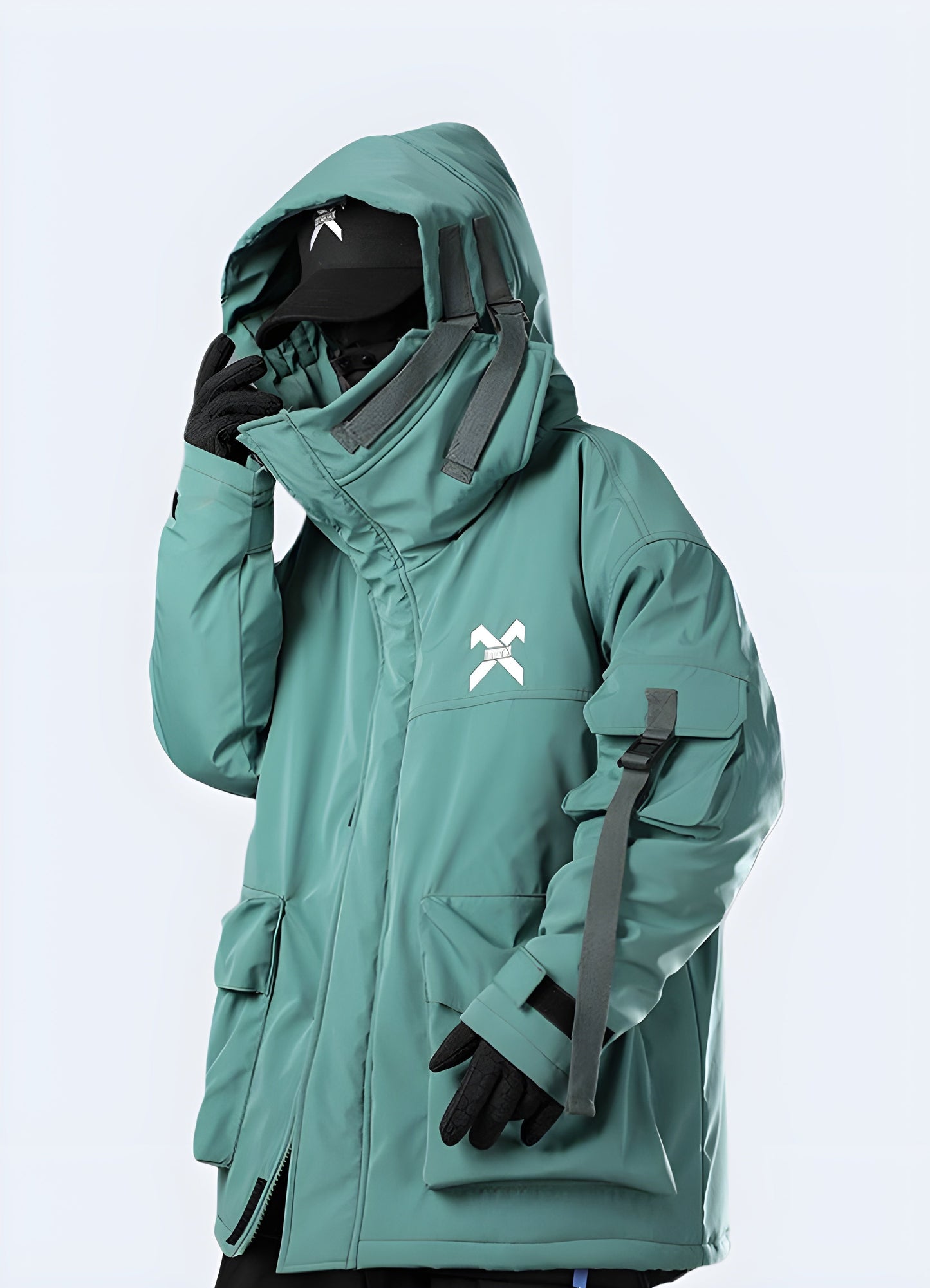 Side view of a model wearing a green techwear jacket, showcasing its modern design and practical features, perfect for Canada style-conscious consumers.