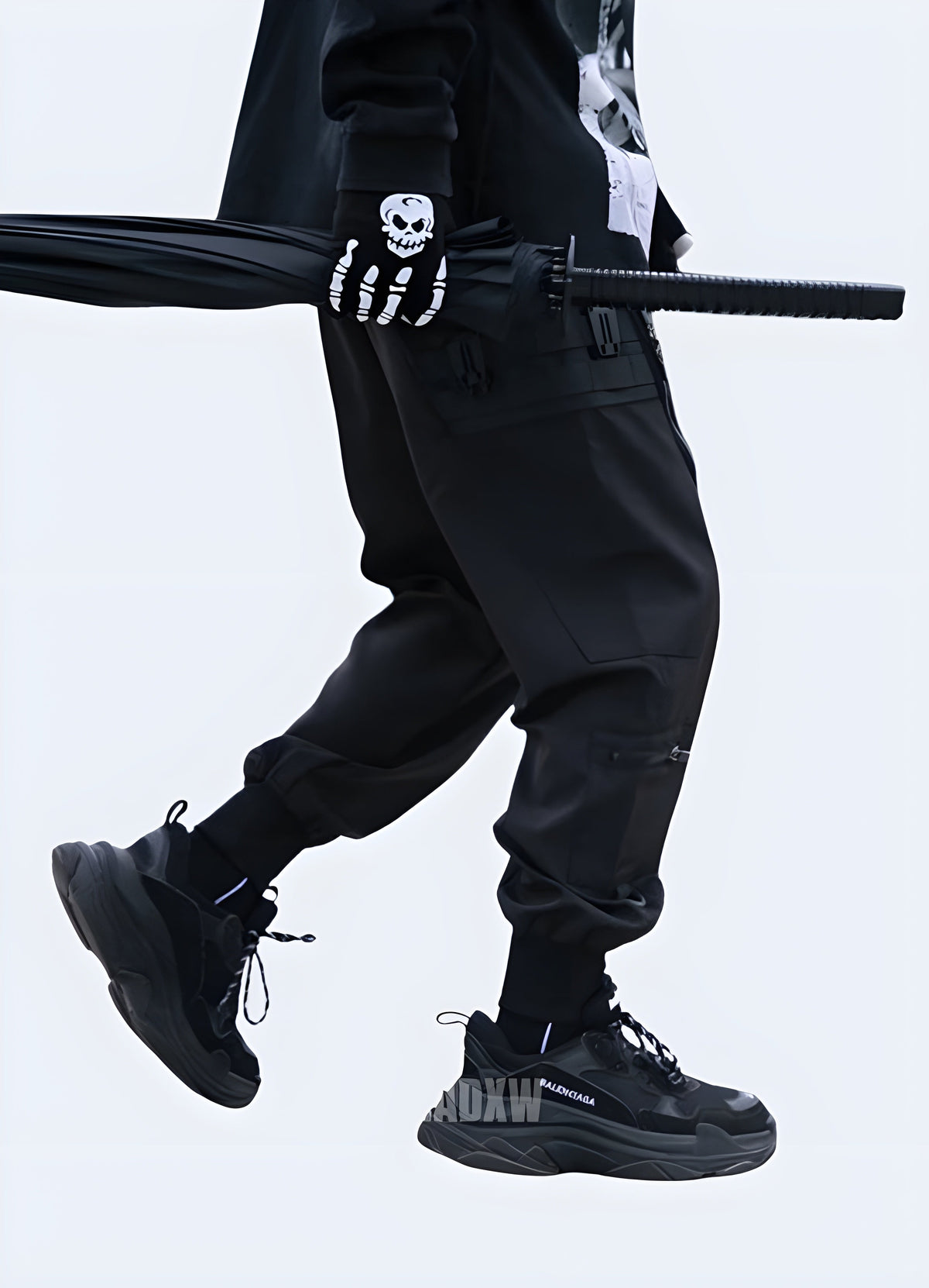 Side view of the Japanese Streetwear Pants showing the cargo pant leg line and pocket placement