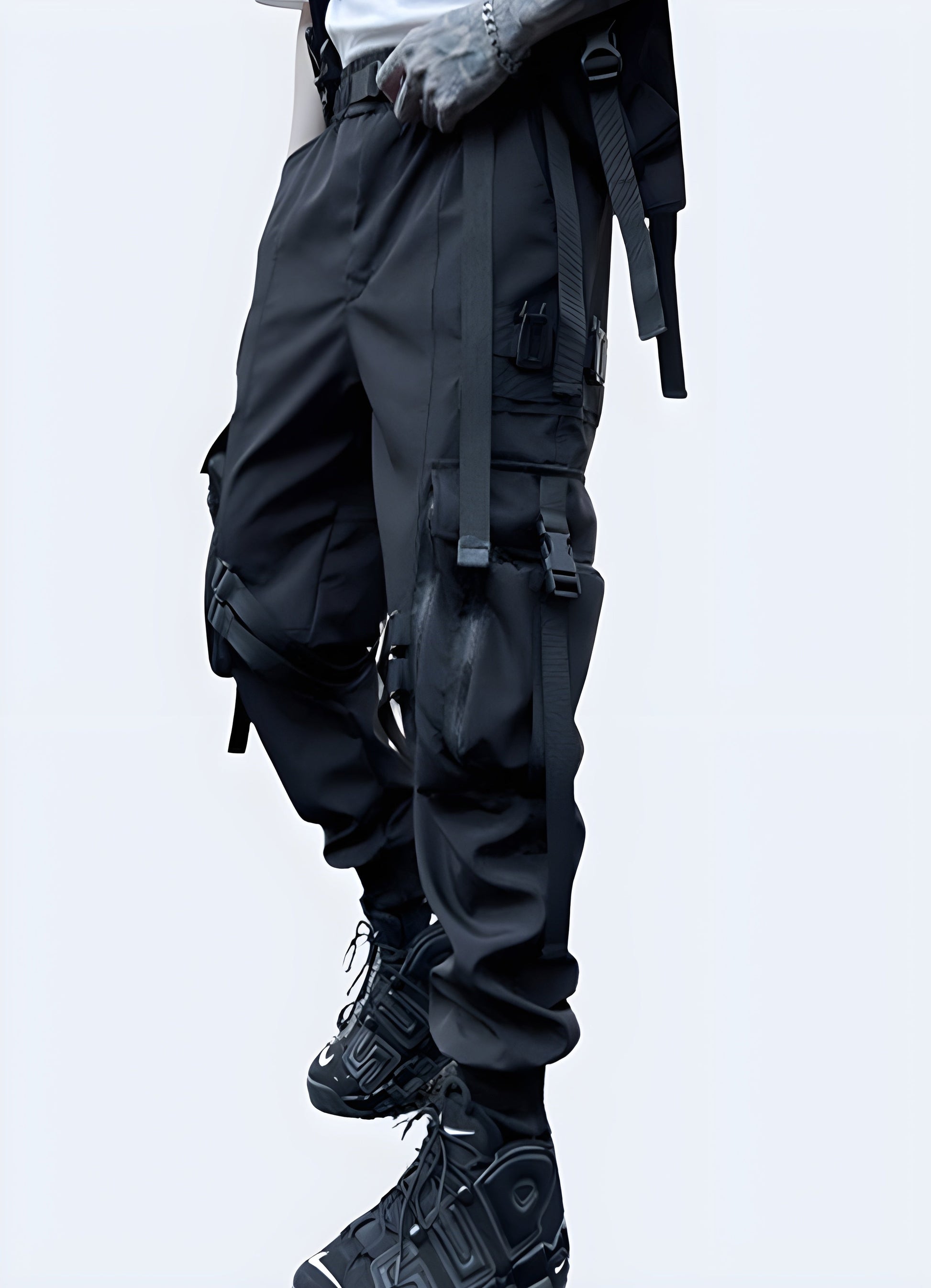 Side view of a man modeling durable warcore pants, showcasing the garment's cargo pockets and reinforced construction, perfect for fashion-forward individuals in the Canada embracing the warcore aesthetic.