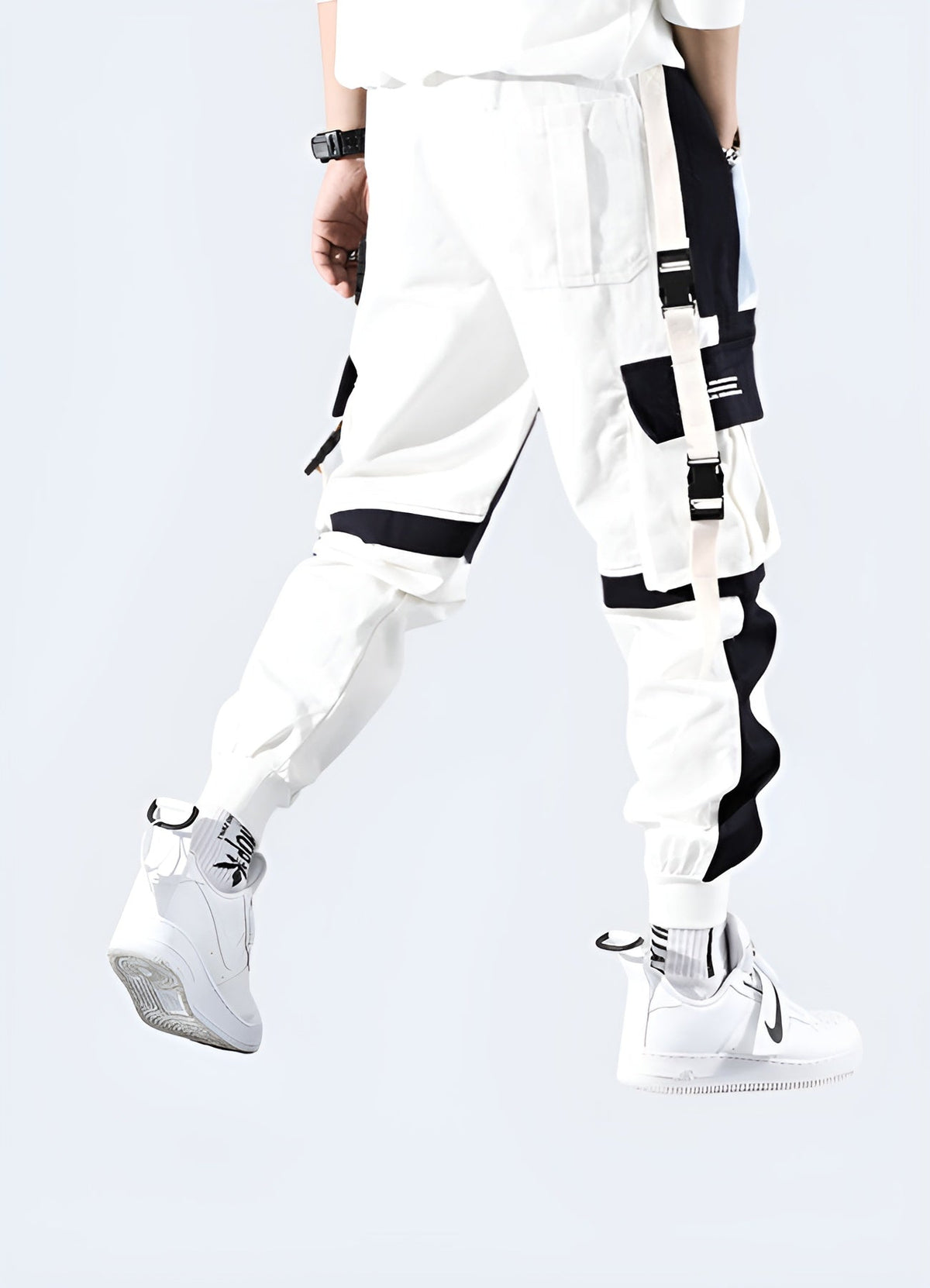 Side view of white men's cargo pants showing the leg line and pocket placement