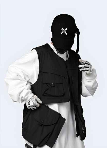 Man wearing a multipocket techwear functional vest, shown from the right side view, available in Canada.