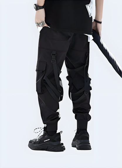  Back view of a man wearing fashionable ninja cargo pants, showcasing the garment's streamlined silhouette and practical pocket placement, perfect for fashion-forward individuals in the Canada seeking a unique, ninja-inspired look.