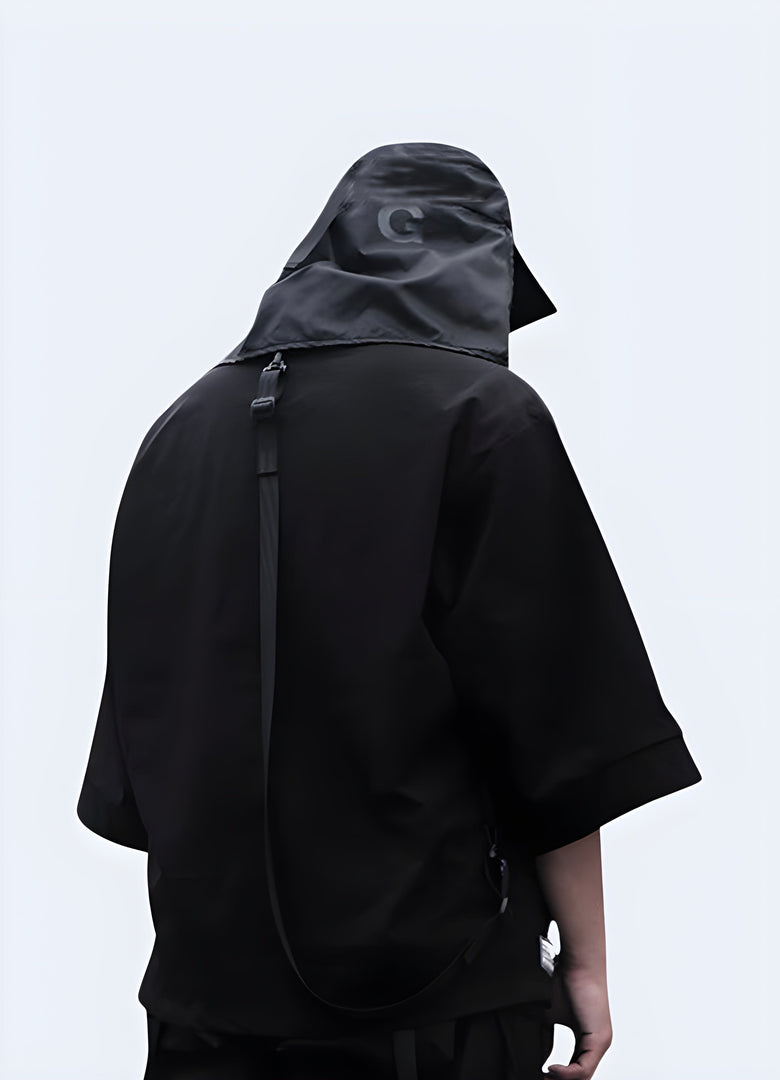 Back view of a man wearing a ninja kimono, showcasing the sleek silhouette and dark aesthetic, ideal for the Canada fashion-forward individual looking to channel their inner ninja.