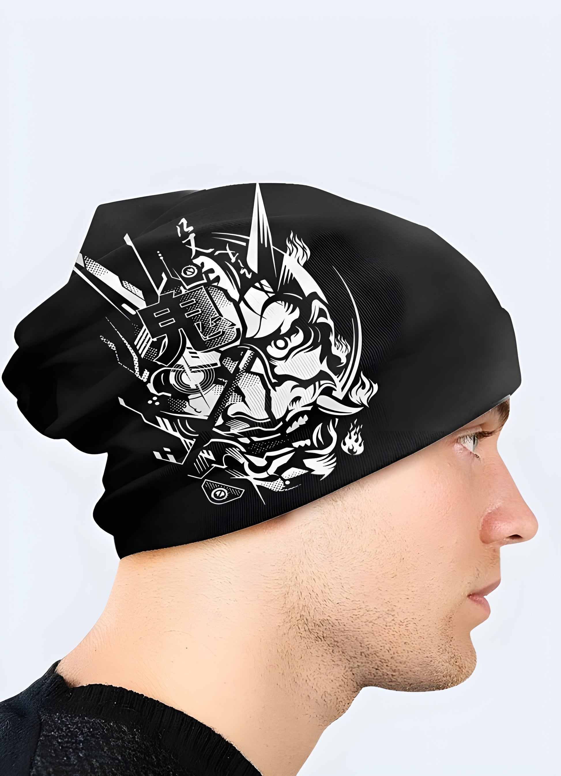 A man is wearing an Oni Demon beanie, viewed from the side. The beanie features a distinctive Oni demon design, with intricate details and vivid colors.