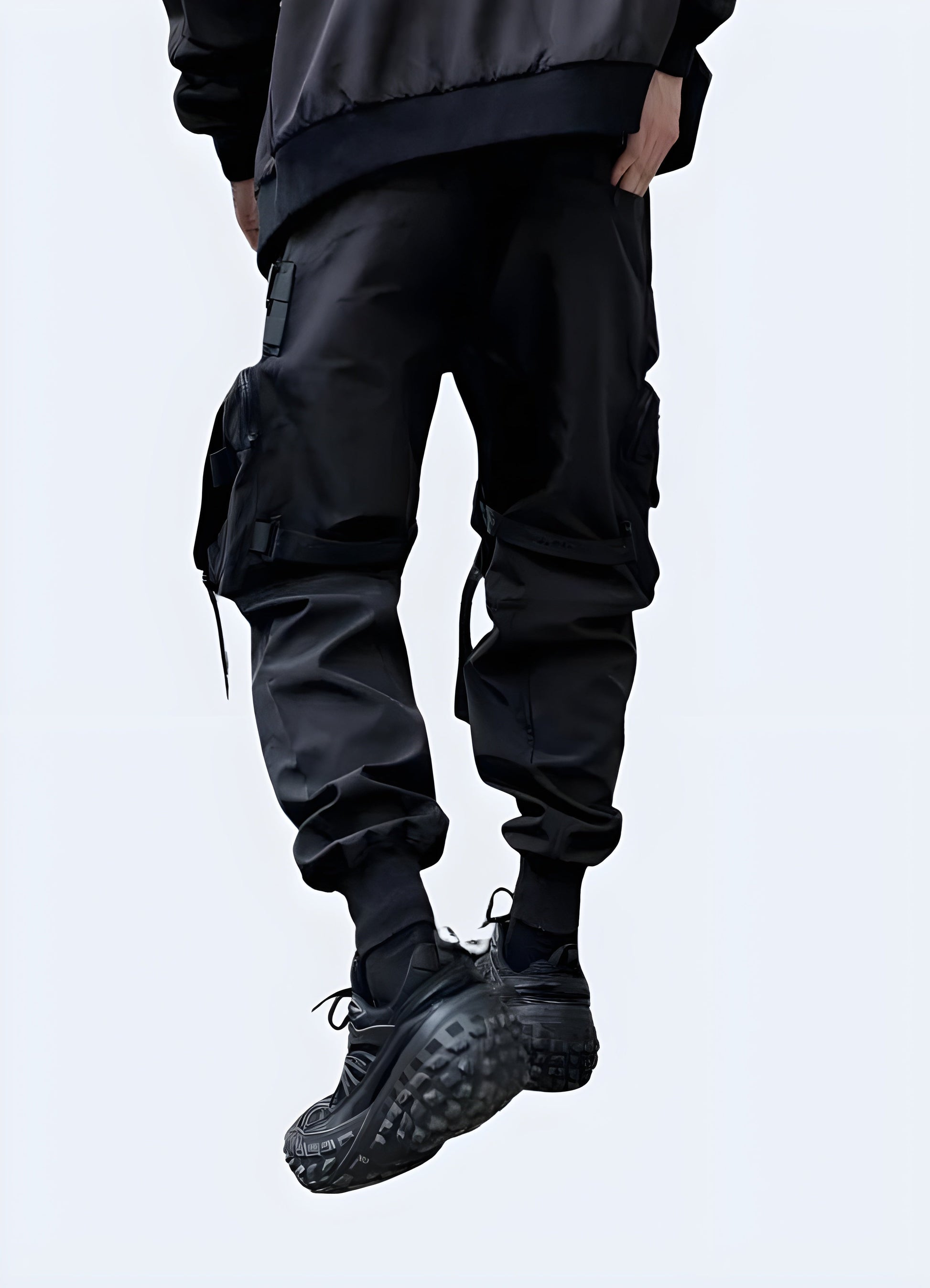 Back view of a man wearing genuine paratrooper pants, showcasing the garment's iconic silhouette and practical pocket placement, perfect for fashion enthusiasts in the Canada looking for a bold, military-inspired statement piece.