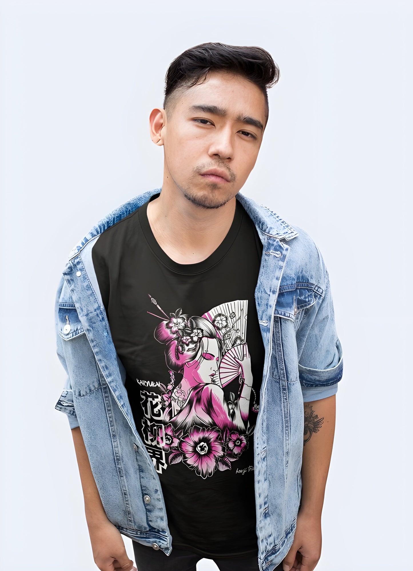 Model showcasing the front view of a geisha t-shirt, highlighting its captivating design and versatile style, perfect for fans of unique, Japanese-influenced fashion in the canada.