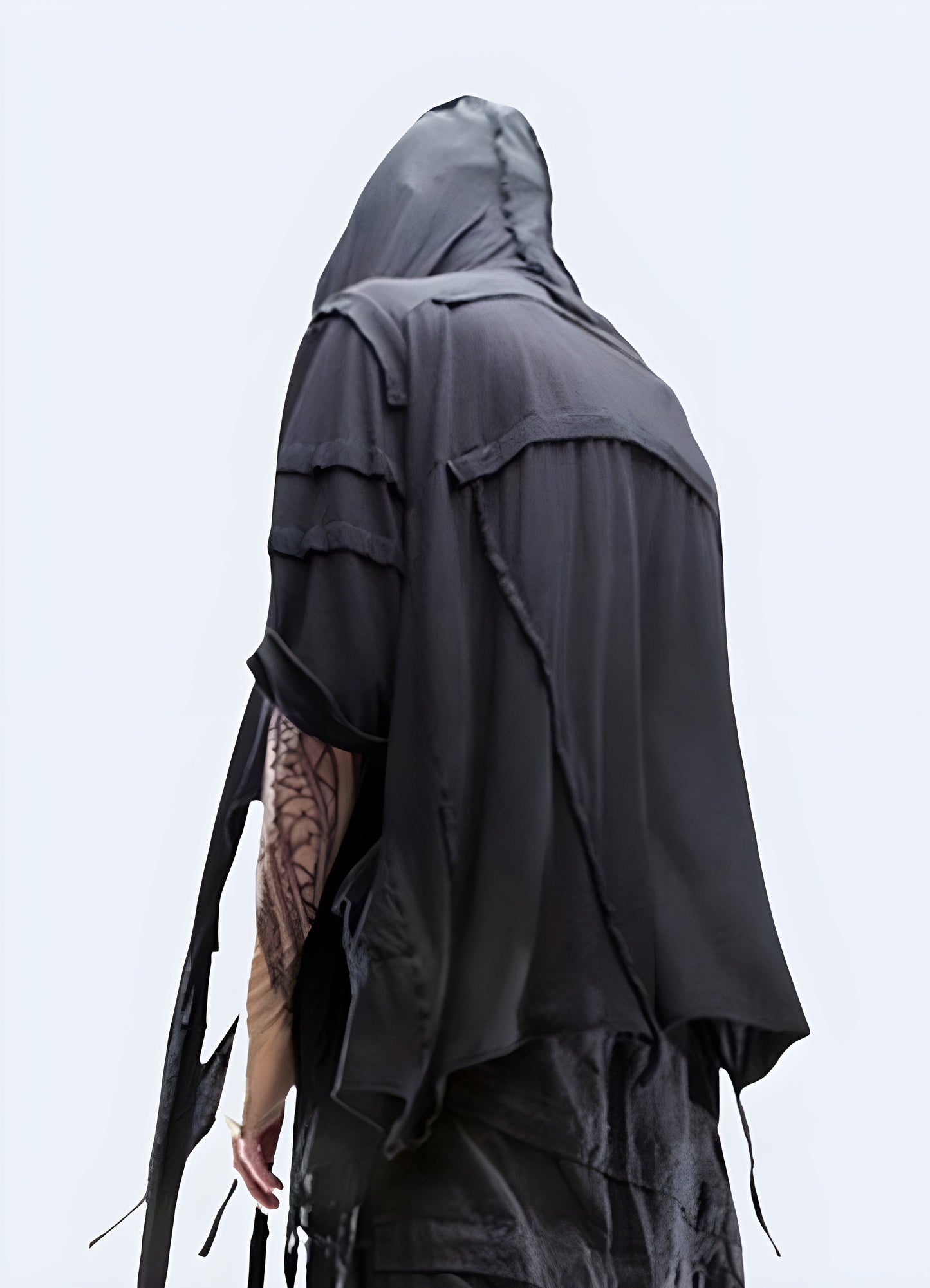 Post apocalyptic cloak black back view model.