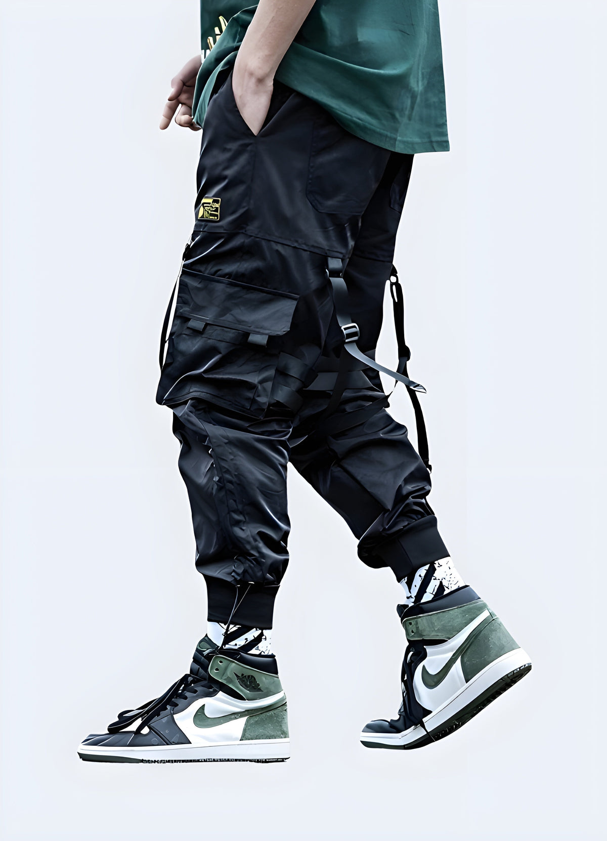 Side view of Scarlxrd streetwear cargo pants showing thigh cargo pocket and hem line