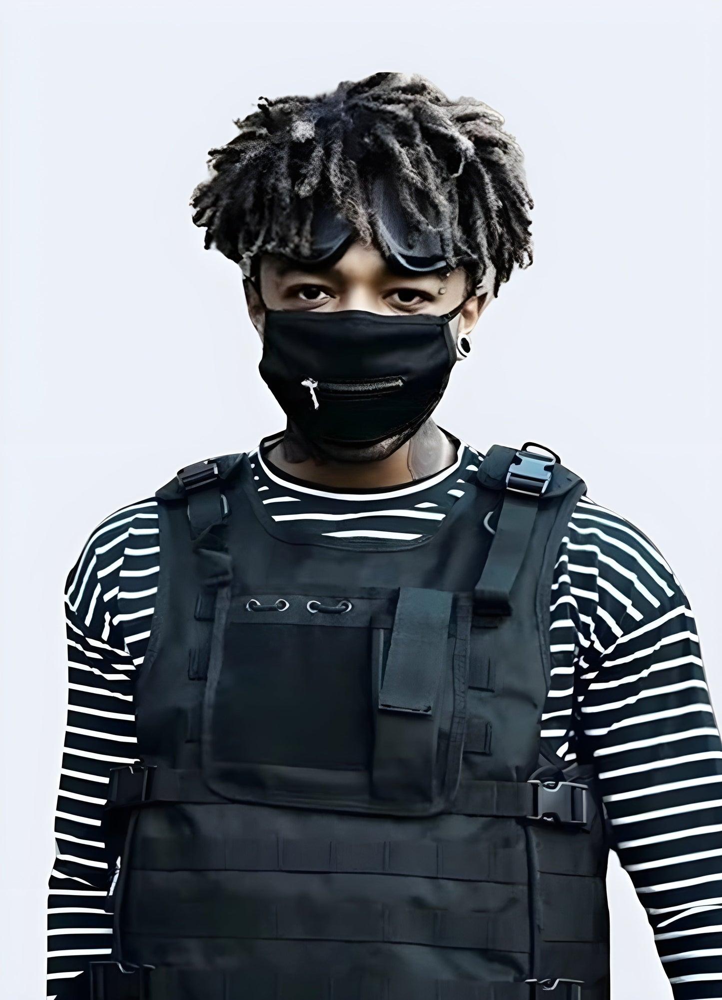 A man wearing a Scarlxrd zipper mask, shown from the front view, emphasizing the mask's unique design with its prominent zipper feature Canada.