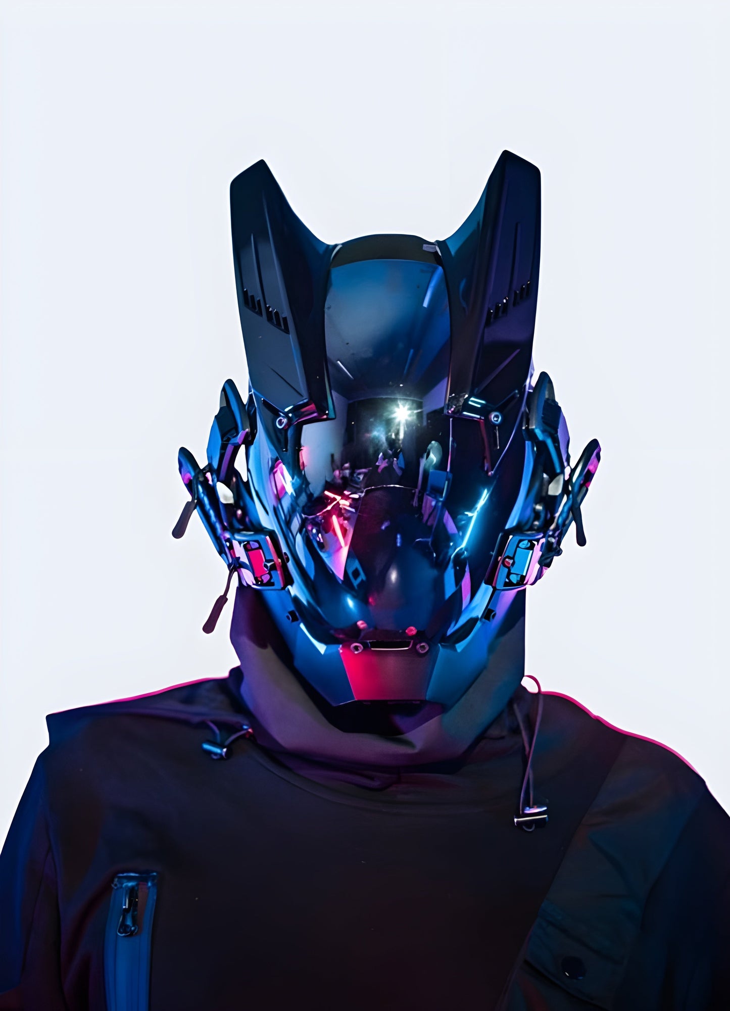 A man wearing sci-fi masks in front view, demonstrating the futuristic design and fit for techwear and cosplay purposes Canada.