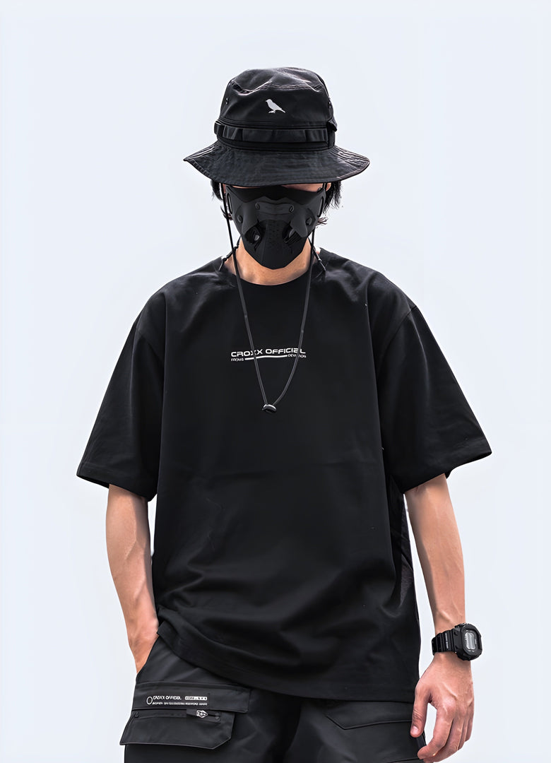 Front view of a man wearing a sci-fi shirt, emphasizing its cutting-edge aesthetics and comfortable fit for everyday wear in the canada.