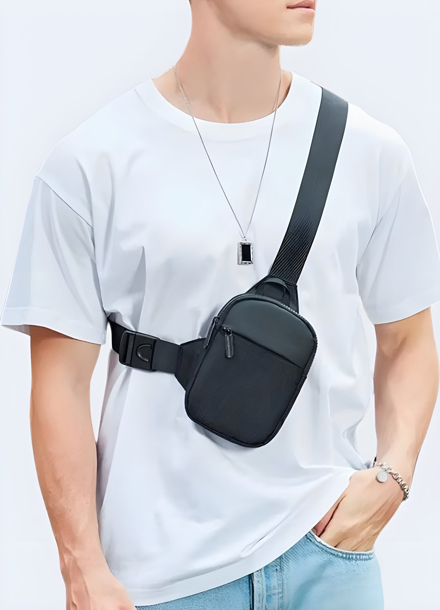 Man wearing a small chest bag, front view, highlighting its stylish and practical features Canada.