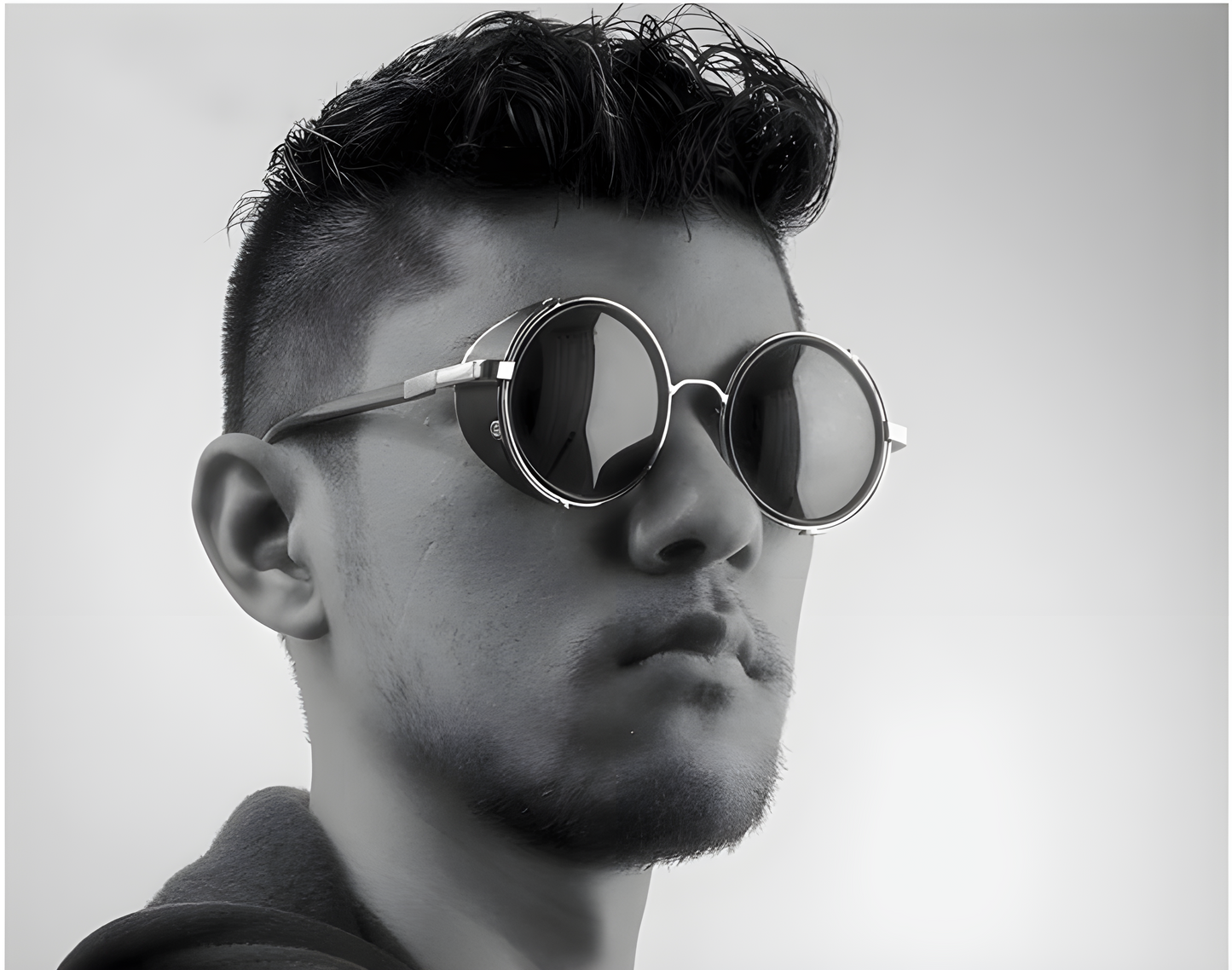 Steampunk techwear sunglasses in black, combining vintage style with modern aesthetics, available in the Canada.