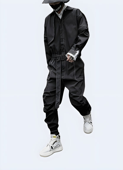 Front view of a man wearing an innovative streetwear cargo coverall with distinctive style features, posing on a city street in Canada.