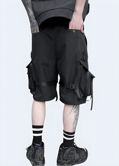 Back view of a man wearing streetwear cargo shorts, highlighting the adjustable waistband and spacious pockets, ideal for the Canada streetwear enthusiast.