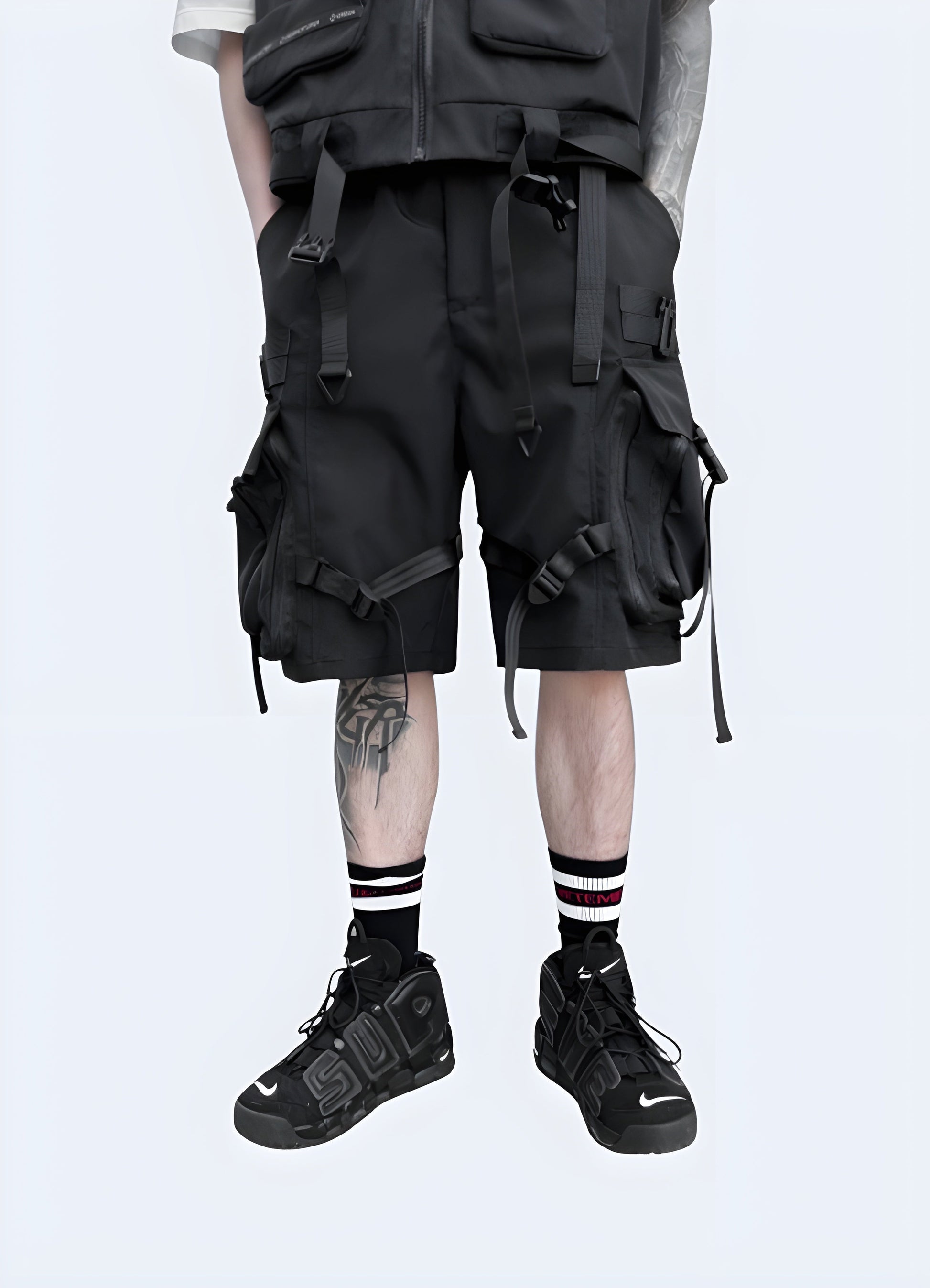 Front view of a man wearing streetwear cargo shorts, showcasing the stylish design and practical features, perfect for the urban fashion scene.