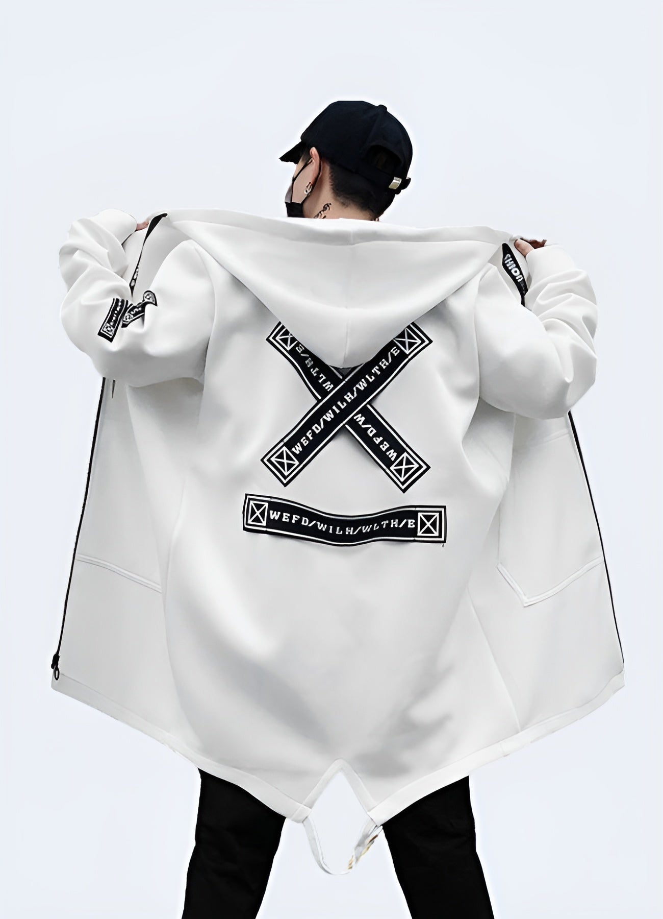 Back view of a man wearing a white streetwear coat highlighting its modern aesthetics, clean lines, and versatile style, perfect for expressing personal fashion and staying comfortable in Canada's urban environments.