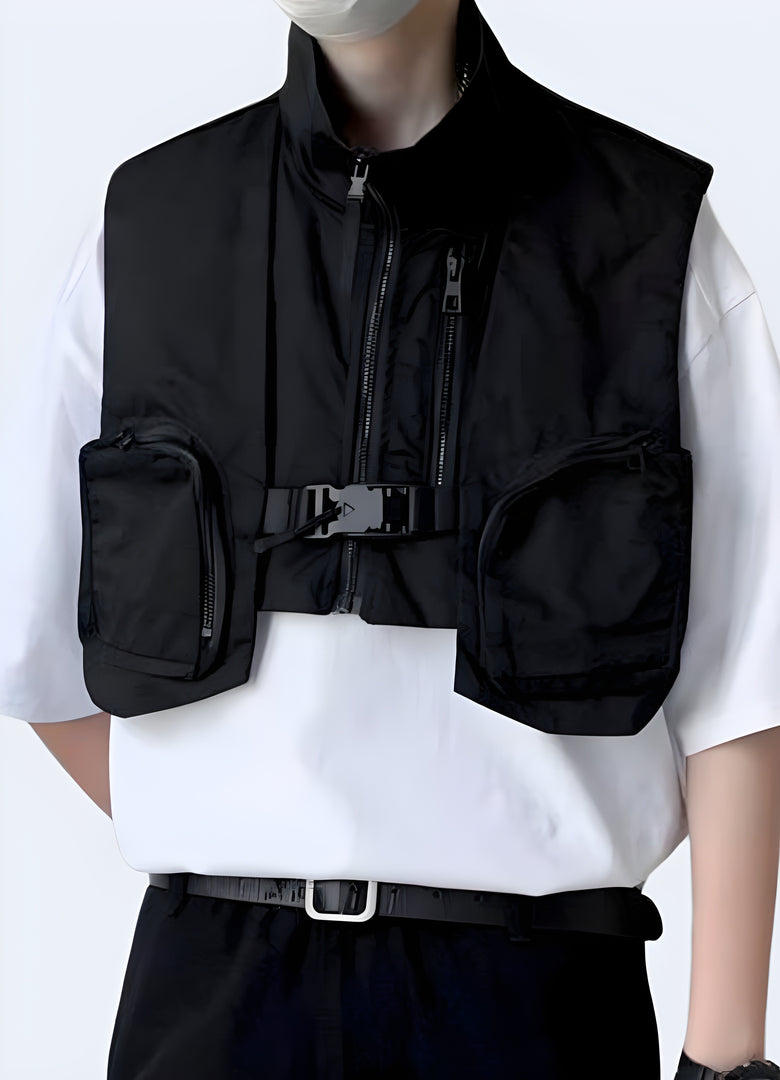 Man wearing tactical techwear cargo vest, cropped waistcoat sleeveless jacket, front view, available in Canada.