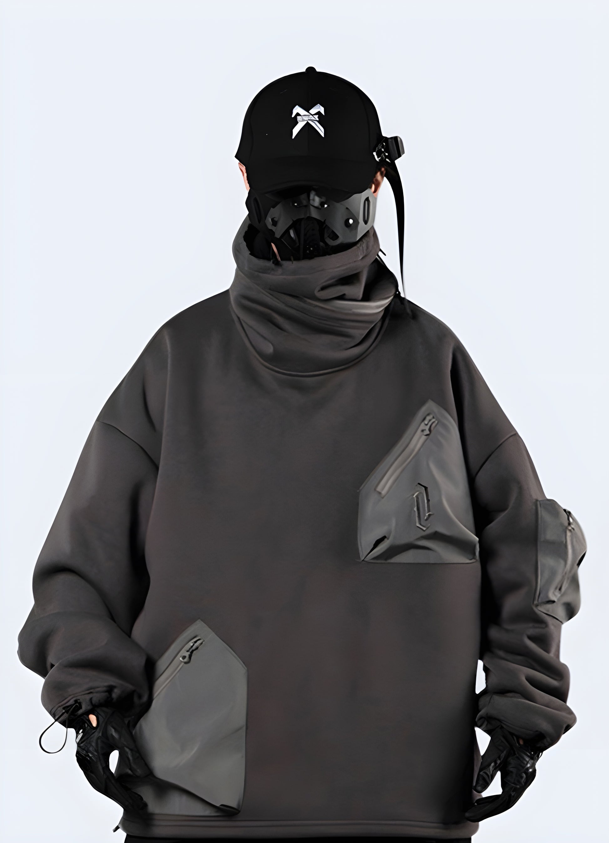 Man wearing a technical turtleneck hoodie in front view, showcasing its sleek fit and modern appeal available in Canada.