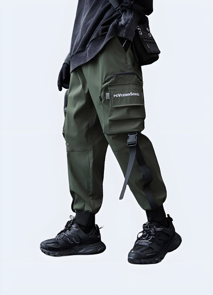 Left view of a man donning durable techwear cargo trousers in Canada, highlighting their ergonomic fit and sleek silhouette that seamlessly integrates with urban environments.