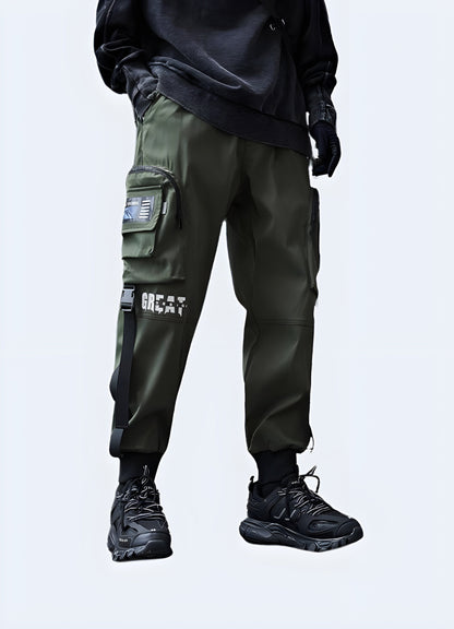 Right view of a man wearing versatile techwear cargo trousers in Canada, showcasing their practical design and modern aesthetic suitable for various urban activities.