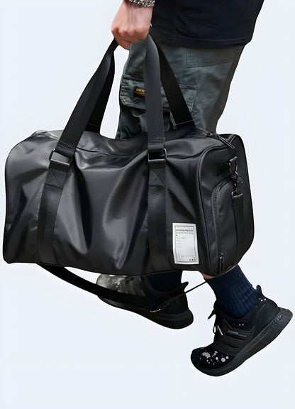 Man wearing a techwear duffle bag, side view, highlighting its sleek and functional design Canada.