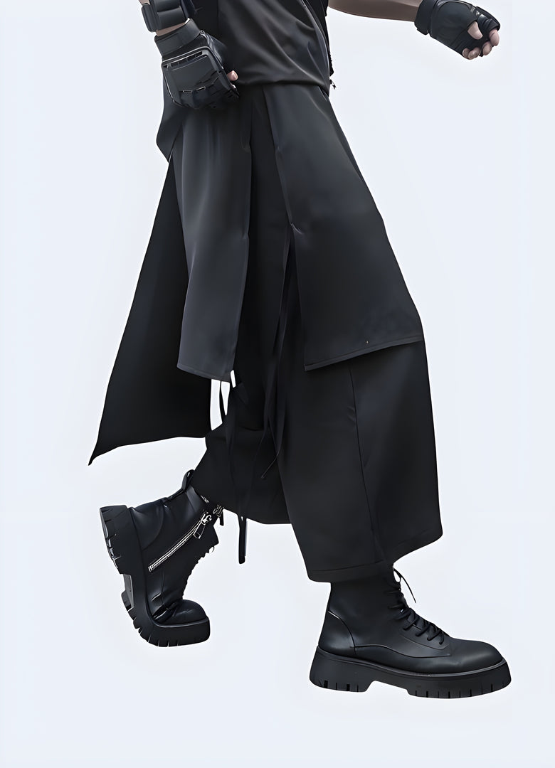 Front-side view of a man wearing versatile techwear harem pants, showcasing their relaxed fit and modern design, perfect for fashion-forward individuals in Canada.
