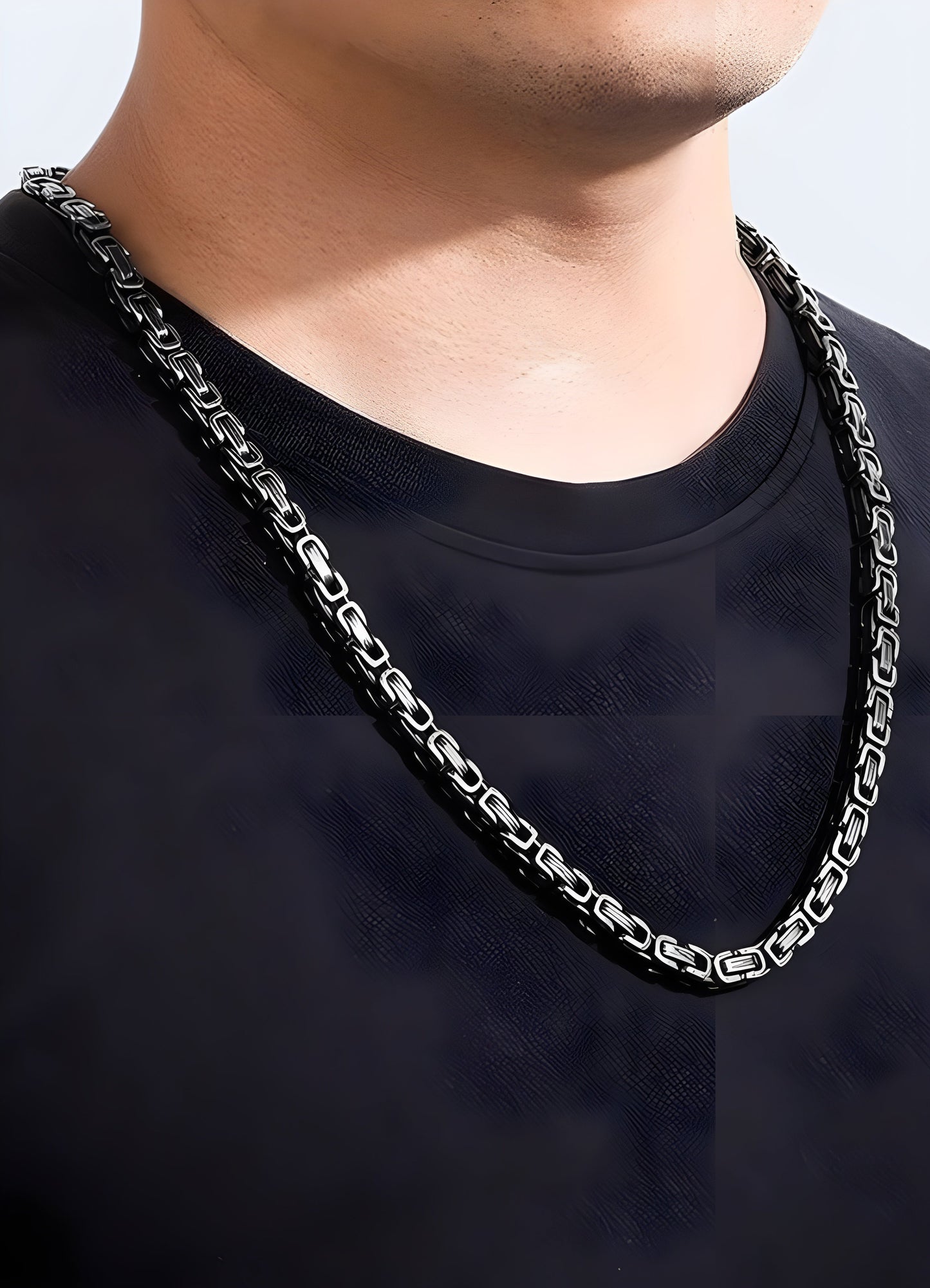 Man wearing a techwear necklace front view on a model, Canada, illustrating its modern and fashionable design.