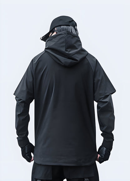 Man wearing a techwear turtleneck pullover in back view, showcasing its sleek fit and contemporary style available in Canada.