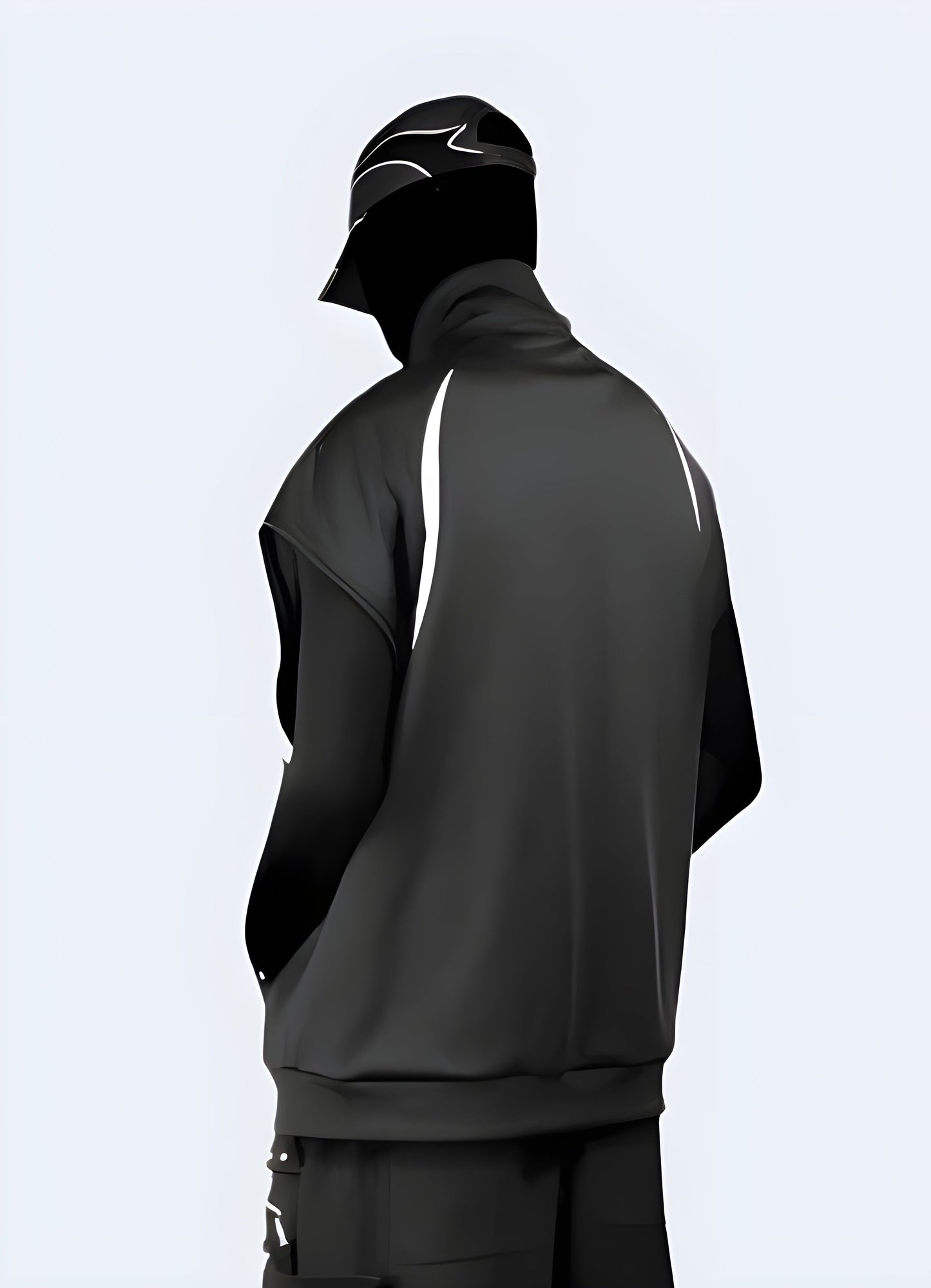  Back view of a man wearing a techwear waistcoat, showcasing its sleek design and advanced features, perfect for Canada modern fashion scene.