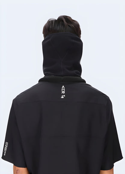 A man wearing a zipper techwear scarf, back view, highlighting its sleek and innovative design perfect for modern streetwear in the UK.