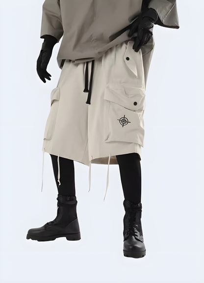 Man wearing trendy tie up techwear cargo shorts, showcasing the comfortable fit and functional features, suitable for various outdoor activities in the Canada.