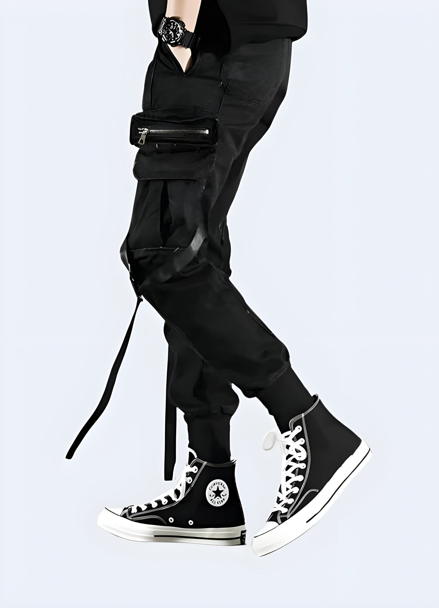 Side view of a man sporting stylish urban ninja pants, highlighting the fusion of contemporary urban aesthetics with ninja-inspired features, ideal for Canada streetwear enthusiasts seeking a bold look.