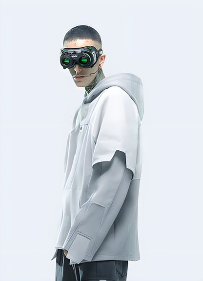 Man wearing white ghost cyberpunk patchwork hoodie, side view, available in Canada, showcasing its unique design and modern style.