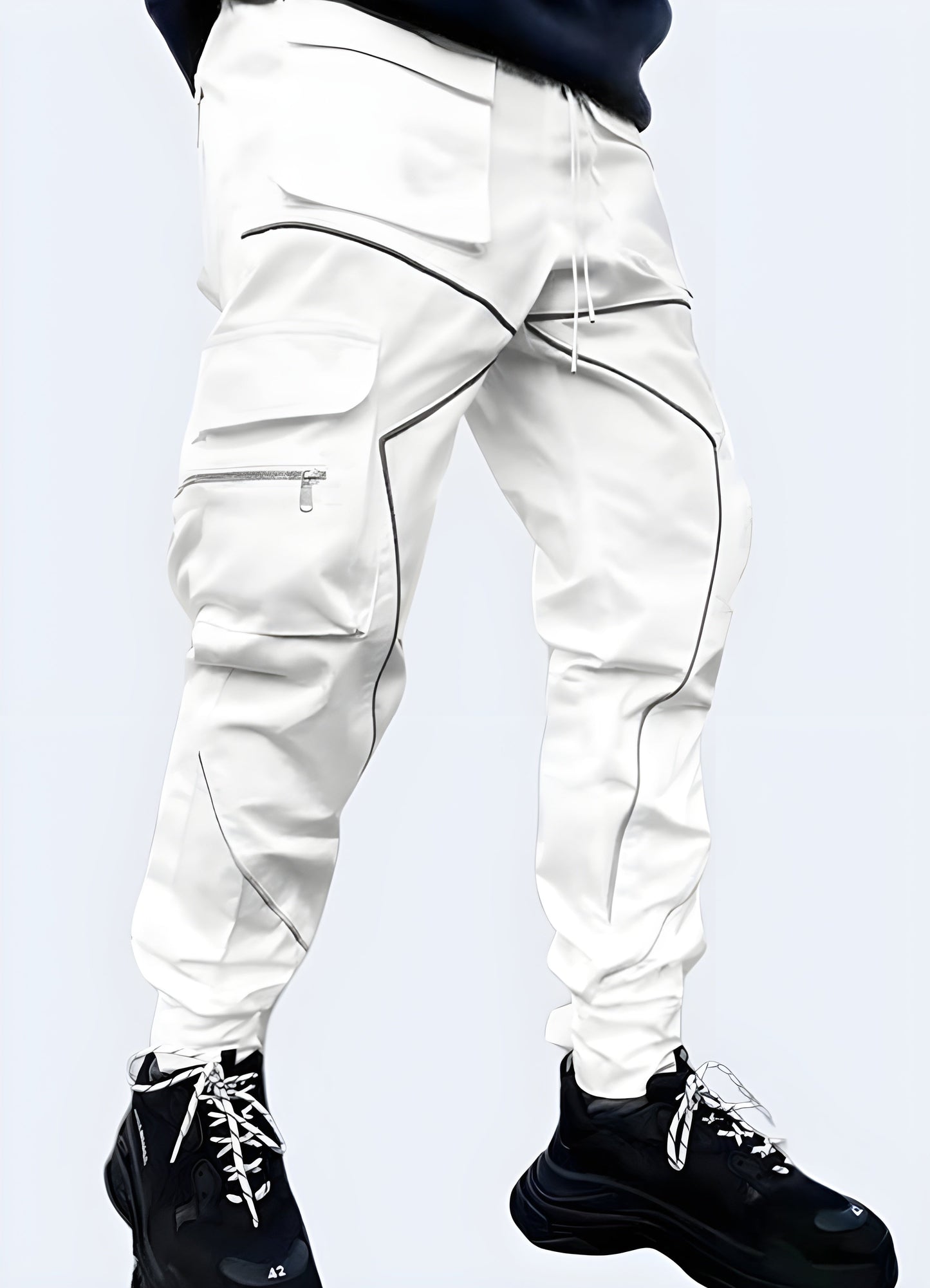 Front-side view of a man wearing trendy white reflective pants in Canada, showcasing their eye-catching design and practical features that ensure visibility and fashion-forward style.