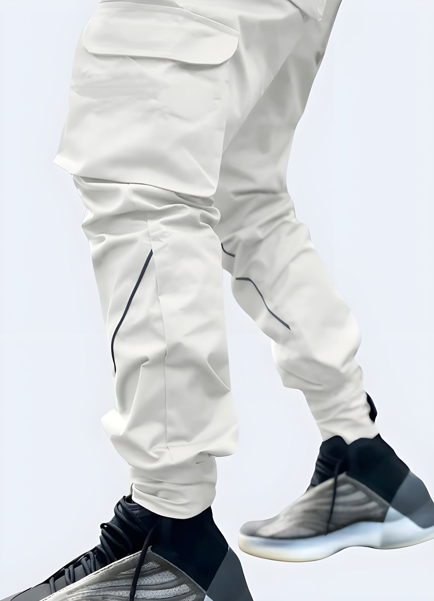 Front side view of white reflective pants available in the Ca, highlighting the modern design and reflective elements that combine fashion and functionality.ada