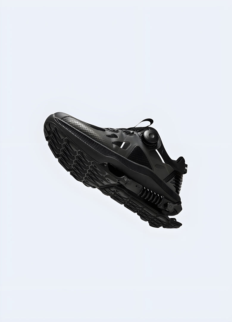 Side view of mechanical-assisted sneakers, showcasing the innovative design and support features for enhanced performance in the Canada.