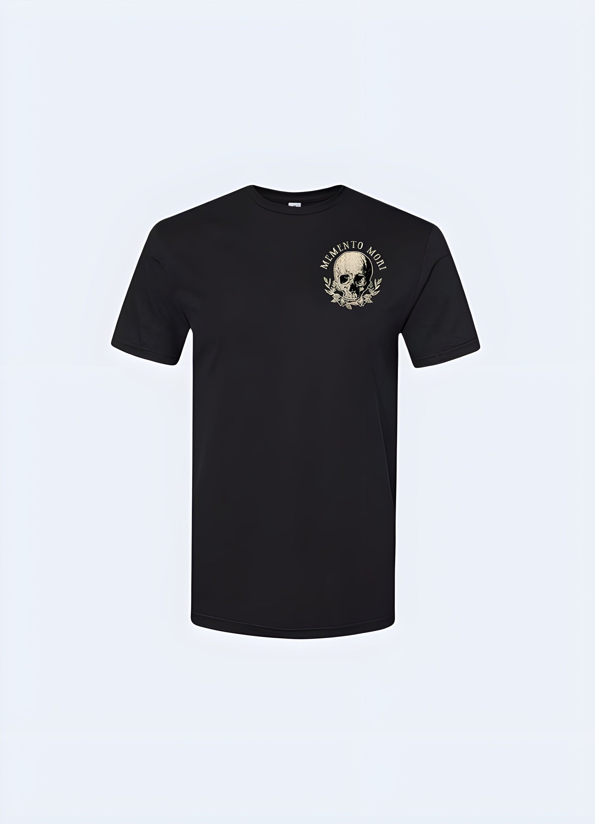 Front view of a memento mori shirt featuring a striking skull graphic, symbolizing the inevitability of death and the importance of living life to the fullest in the canada.