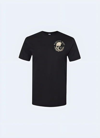 Front view of a memento mori shirt featuring a striking skull graphic, symbolizing the inevitability of death and the importance of living life to the fullest in the canada.