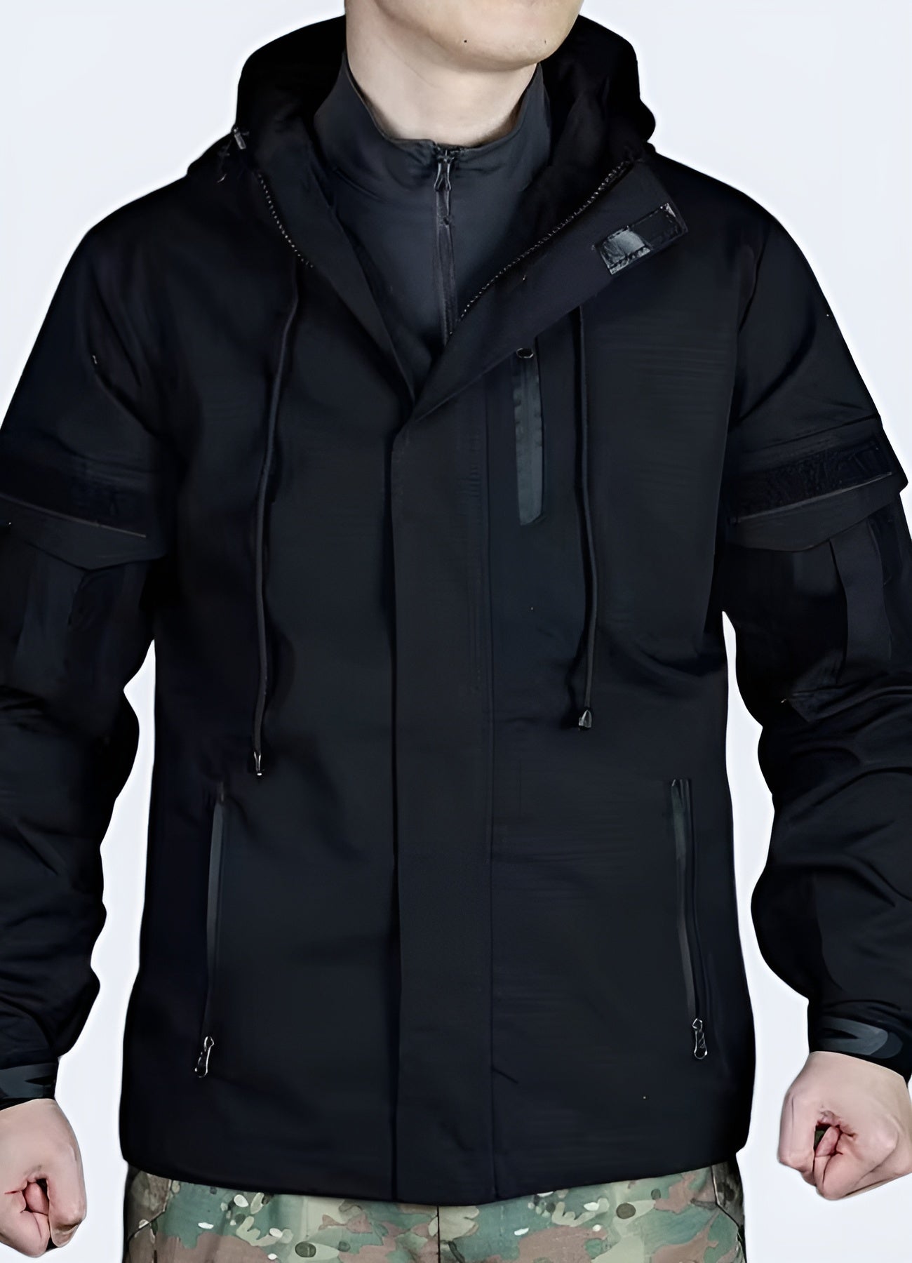 Exude urban style and tactical functionality with this black army techwear jacket.