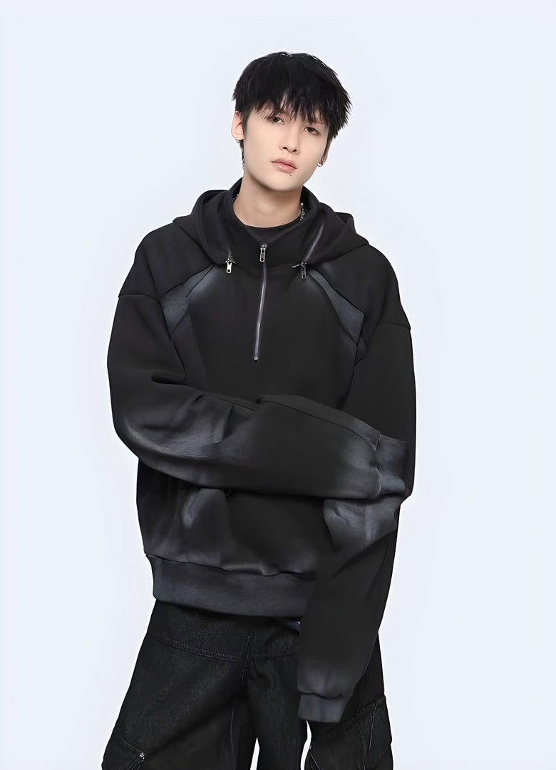 Man wearing black tech fleece hoodie face view - Canada