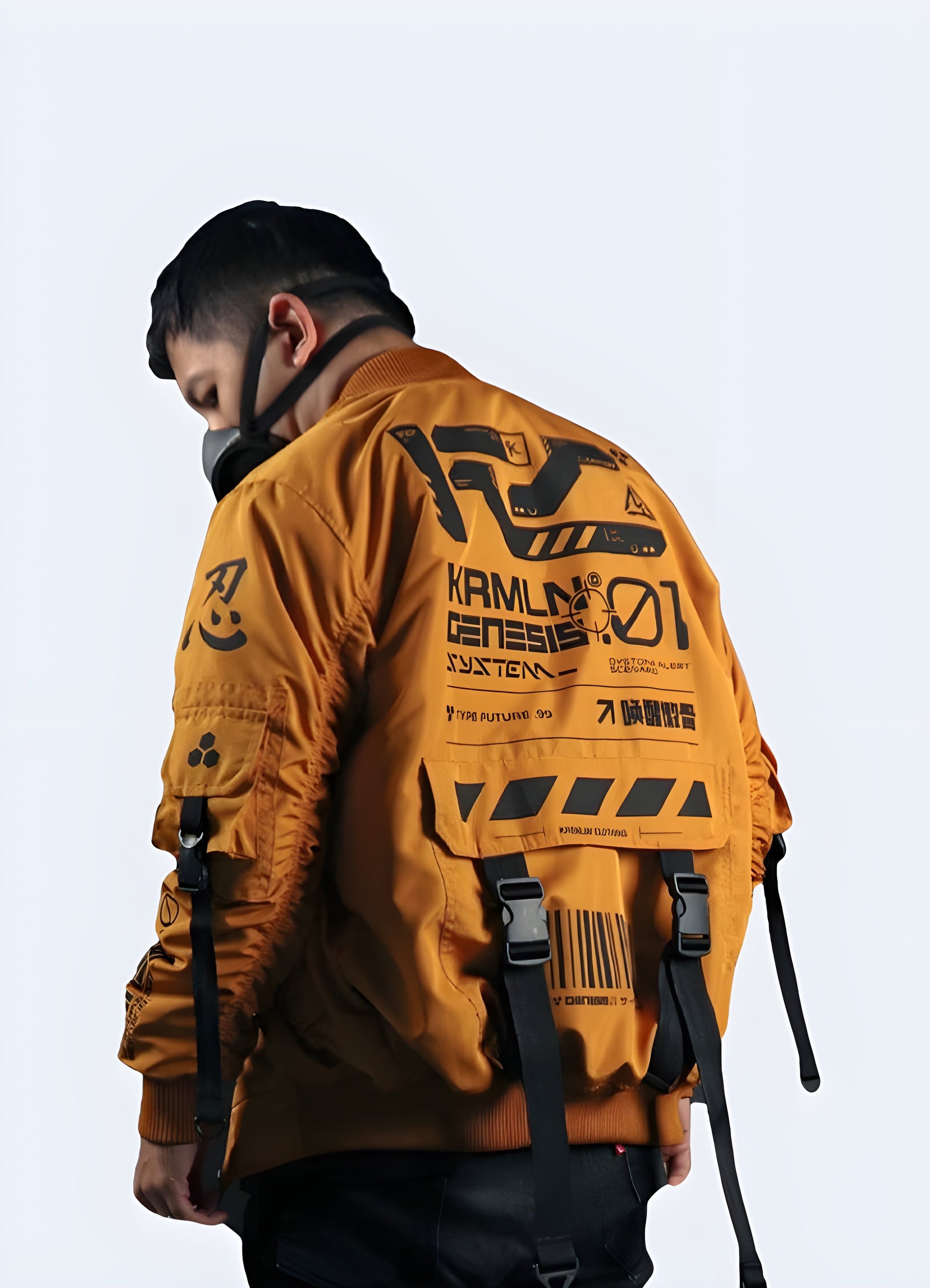 Man wearing an orange cyberpunk bomber jacket with a bold, futuristic design and advanced features, ideal for expressing a unique fashion sense while navigating Canada's city streets in style and comfort.