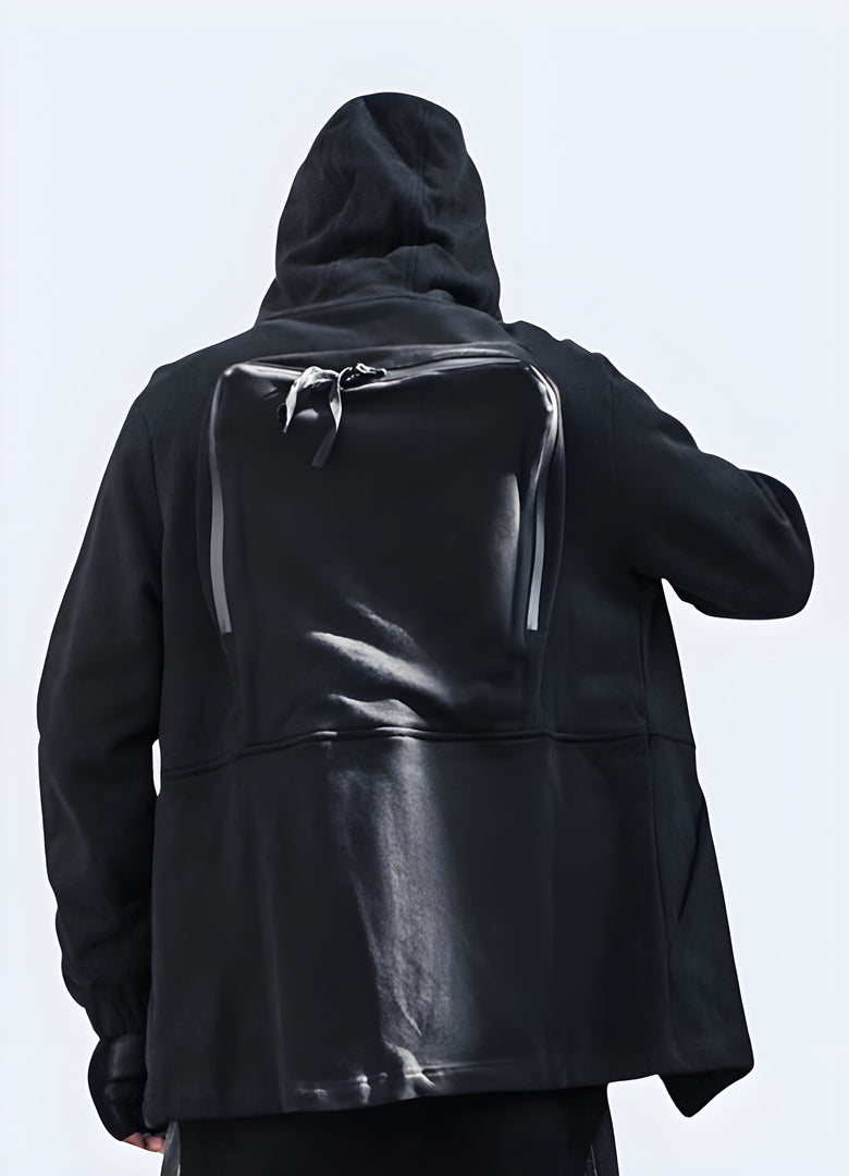 Back view of a man modeling a trendy Japanese zip-up hoodie in the Canada, highlighting its unique design.