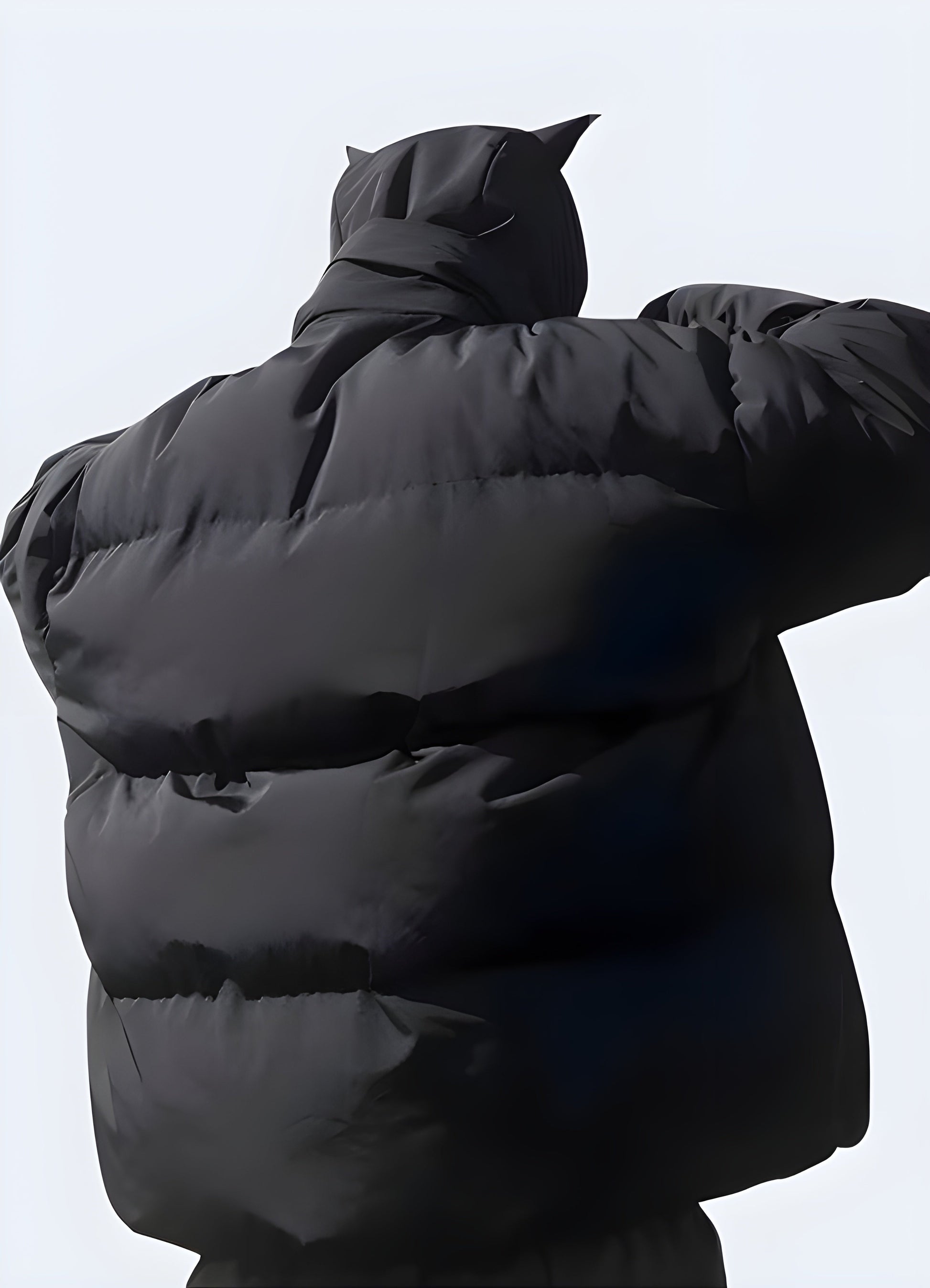 Back view of a man wearing a devil horn jacket, showcasing its distinctive silhouette, high-quality materials, and dark aesthetic, ideal for Canada consumers seeking a bold statement piece.