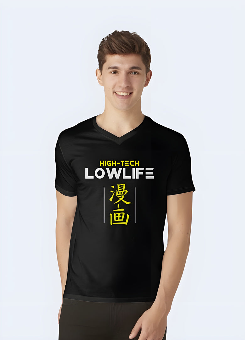 Front view of a man wearing a High Tech Low Life shirt, emphasizing its unique style and comfortable fit for cyberpunk fans in the canada.