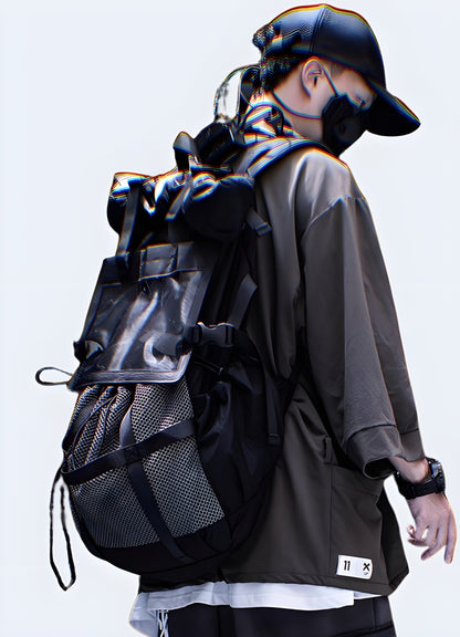 Men wearing a black Japanese travel bag, front and side view. Stylish and functional travel accessory Canada.