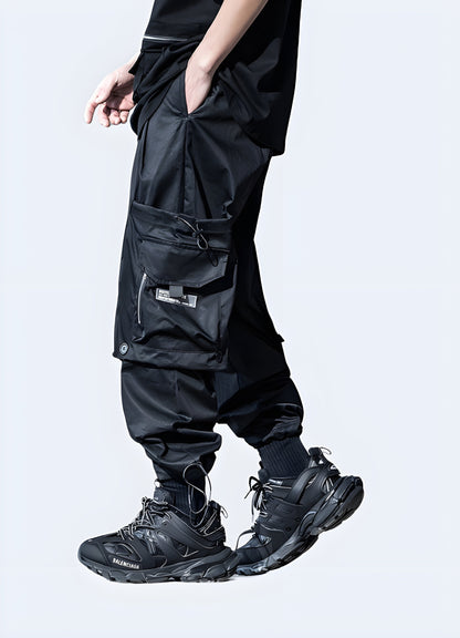 Front side view of men sporting fashionable streetwear cargo pants, highlighting the modern silhouette and utility-inspired details, a must-have for Canada streetwear enthusiasts seeking a versatile and on-trend look.