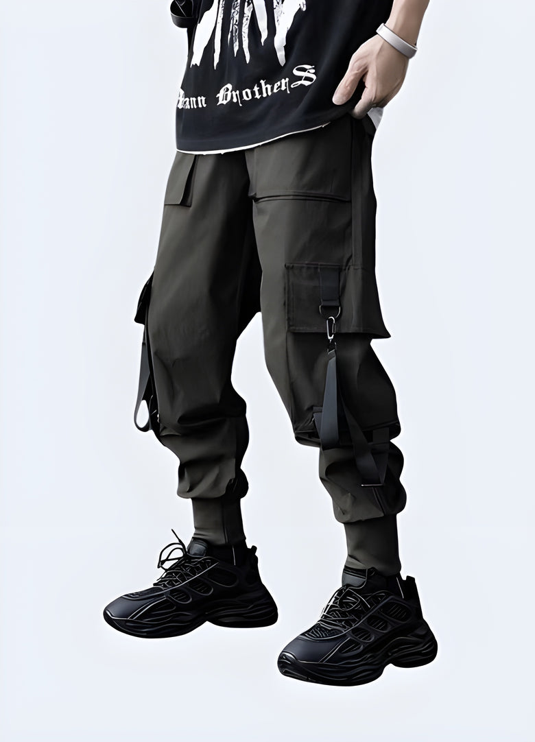 Front side view of men sporting fashionable streetwear cargo pants, highlighting the modern silhouette and utility-inspired details, a must-have for Canada streetwear enthusiasts seeking a versatile and on-trend look.