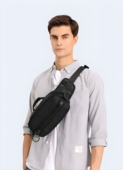 A man wearing a survival fanny pack, viewed from the side. The pack features multiple compartments and a rugged design, worn around the waist with an adjustable strap Canada.