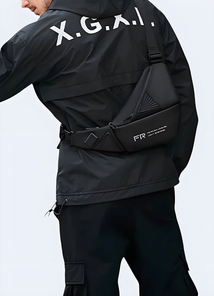 A man wearing a tactical crossbody bag, viewed from the front and side. The bag features a rugged design with multiple compartments and is worn across the body with an adjustable strap Canada.